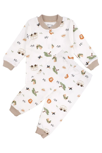 Erkek Bebek Ekru Otobüslü Hayvanlı Çıtçıtlı Pijama Takımı ürün görseli 1