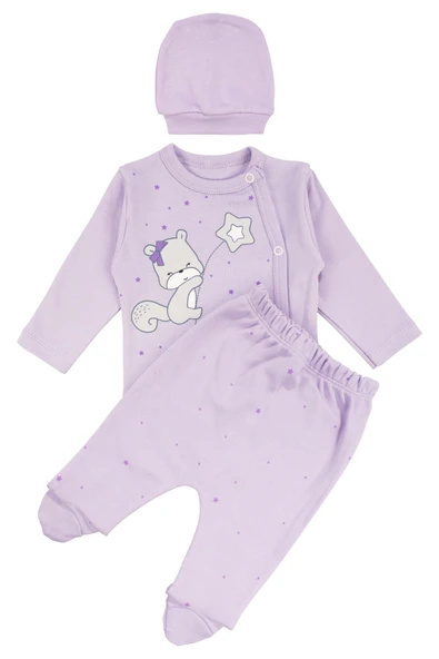 Kız Bebek Lila Yıldızlı Ayıcık Baskılı Patikli Pijama Takımı 0-3 Ay ürün görseli 1