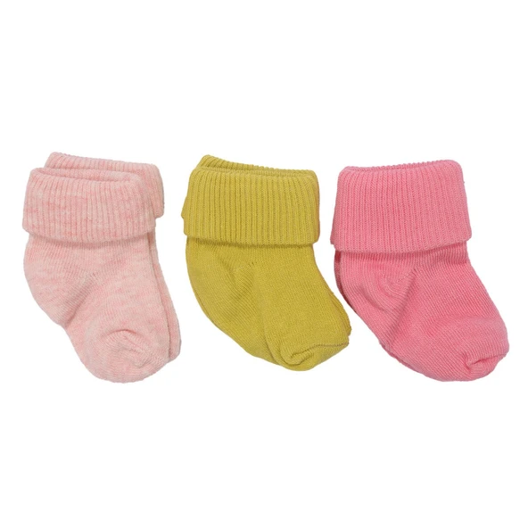Unisex Sarı Pembe Pudra Kıvrık 3'lü Çorap 0-6 Ay ürün görseli 1
