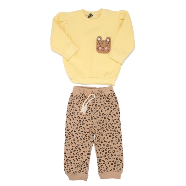 Kız Bebek Sarı Kahve Kedi Nakışlı Leopar Desenli 3 İp 2'li Takım ürün görseli 1