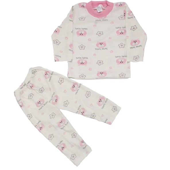 Kız Çocuk Beyaz Pembe Yıldızlı Ayılı Desenli 2'li Pijama Takımı ürün görseli 1
