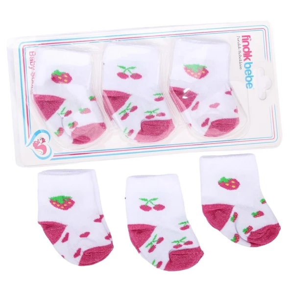 Beyaz Pembe Kiraz Desenli 3'lü Çorap 0-6 Ay ürün görseli 1