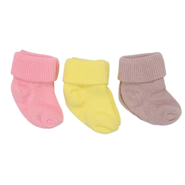 Unisex Sarı Pembe Lila Kıvrık 3'lü Çorap 0-6 Ay ürün görseli 1