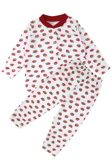 Kız Çocuk Ekru Kırmızı Çilek Baskılı Çıtçıtlı Pijama Takımı ürün görseli 1