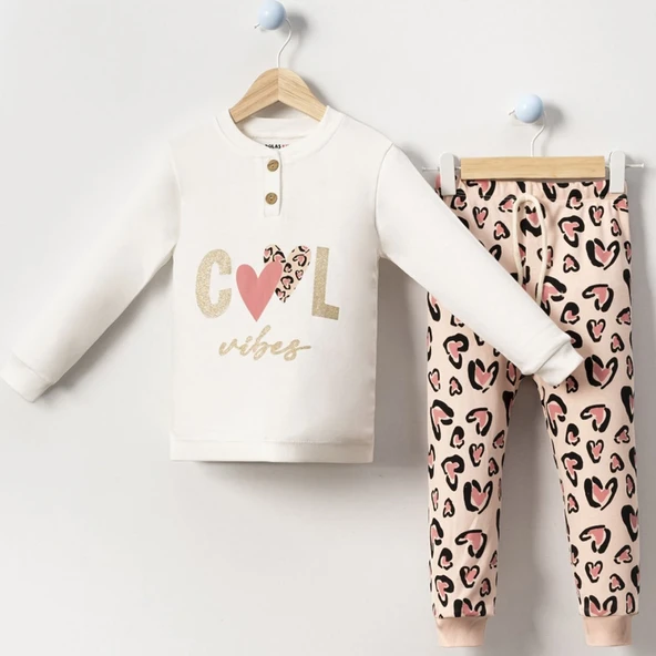 Kız Çocuk Ekru Kahverengi Cool Kalp Baskılı 2'li Pijama Takımı ürün görseli 1