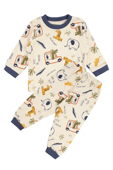 Erkek Bebek Bej Laci Biyeli Hayvanlı Desenli Pijama Takımı ürün görseli 1