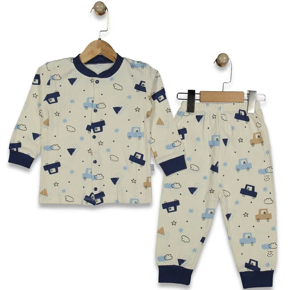 Erkek Çocuk Ekru Laci Arabalı Desenli Çıtçıtlı Pijama Takımı ürün görseli 1