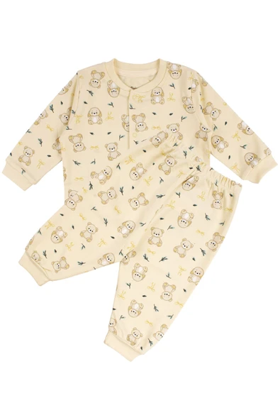 Unisex Sarı Ayıcık Tavşan Baskılı Çıtçıtlı Pijama Takımı ürün görseli 1