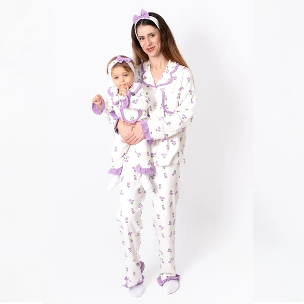 Kız Çocuk Ekru Mor Lale Desenli Fırfırlı Bandanalı Pijama Takımı ürün görseli 1
