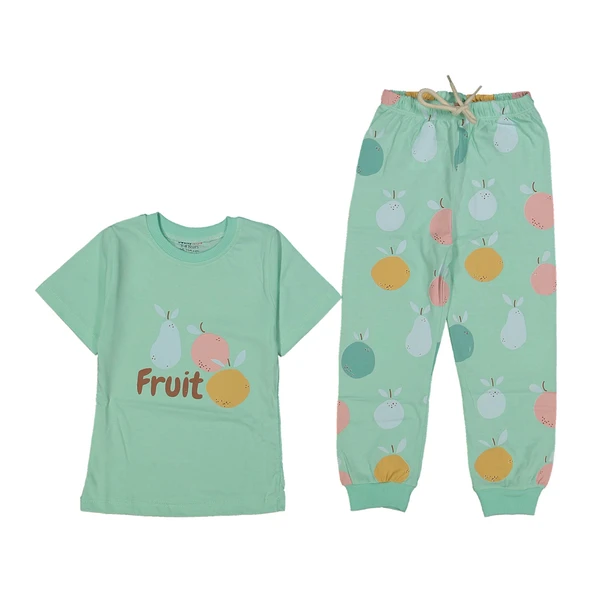 Kız Çocuk Su Yeşili Meyve Baskılı Pijama Takımı ürün görseli 1