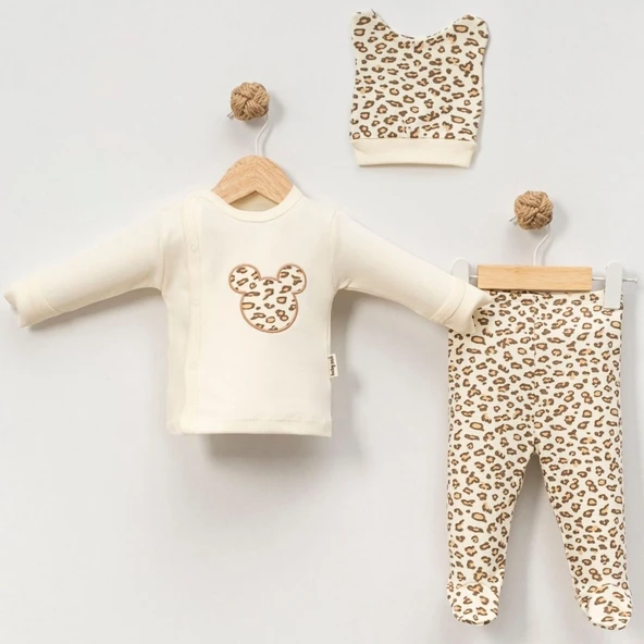 Kız Bebek Ekru Kahve Leopar Desenli Bereli Pijama Takımı 0-3 Ay ürün görseli 1