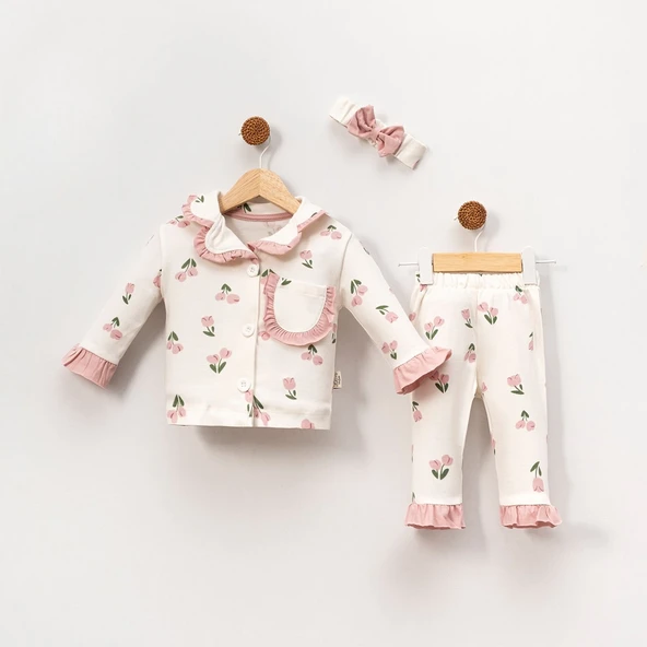 Kız Çocuk Ekru Pudra Lale Desenli Fırfırlı Bandanalı Pijama Takımı ürün görseli 1