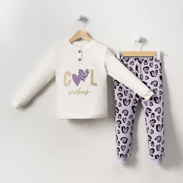 Kız Çocuk Ekru Mor Cool Kalp Baskılı 2'li Pijama Takımı ürün görseli 1