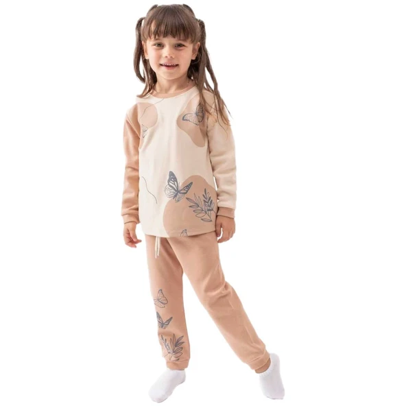 Kız Çocuk Kahve Bej Kelebek Baskılı 2'li Pijama Takımı ürün görseli 1