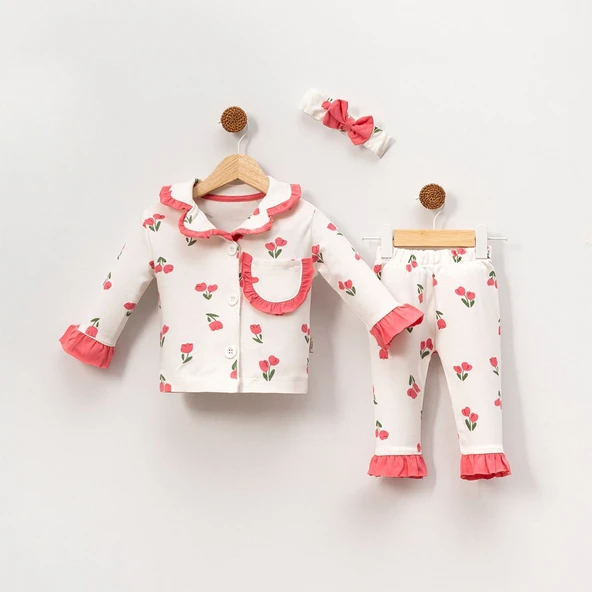 Kız Çocuk Ekru Pembe Lale Desenli Fırfırlı Bandanalı Pijama Takımı ürün görseli 1