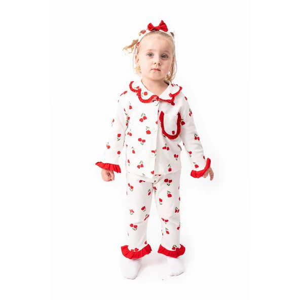 Kız Çocuk Ekru Kırmızı Lale Desenli Fırfırlı Bandanalı Pijama Takımı ürün görseli 1