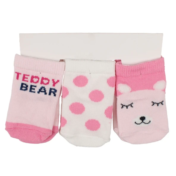 Kız Bebek Pembe Teddy Bear Desenli 3'lü Çorap 0-6 Ay ürün görseli 1