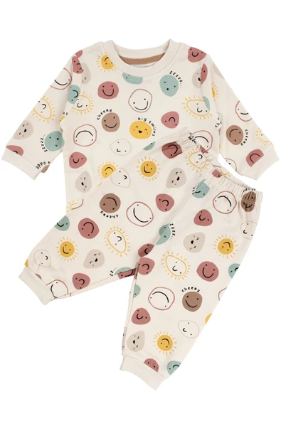 Unisex Bej Renkli Emoji Baskılı Pijama Takımı ürün görseli 1