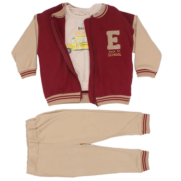 Erkek Çocuk Bordo Bej E Nakışlı Kolej Hırkalı 3'Lü Takım ürün görseli 1
