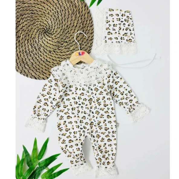 Kız Bebek Beyaz Kahve Leopar Desenli Bereli Fistolu Tulum ürün görseli 1