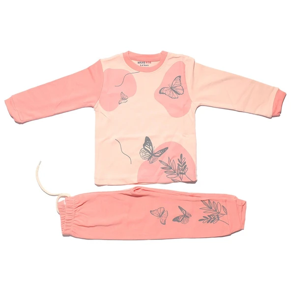 Kız Çocuk Somon Pembe Kelebek Baskılı 2'li Pijama Takımı ürün görseli 1