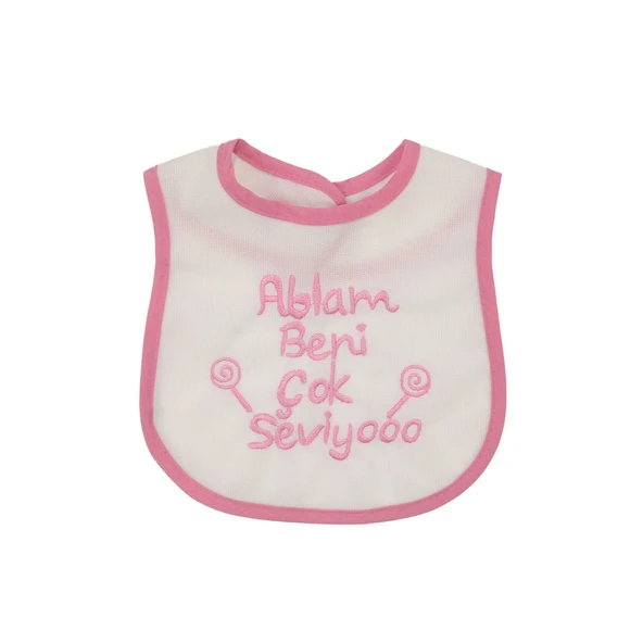 Kız Bebek Ablam Beni Çok Seviyooo Nakışlı Pembe Su Geçirmez Önlük ürün görseli 1
