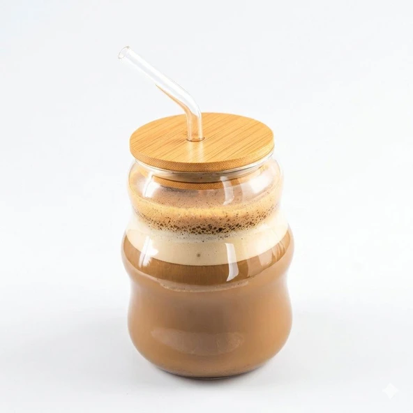 Paçi Bambu Kapaklı Cam Pipetli 450 ml Borosilikat Bardak ürün görseli 1