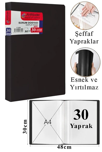 Siyah Sunum Dosyası 30 lu 1 Adet Poşet Dosyalı Katalog Dosyası 30 Poşetli Kendinden Dosya Plastik Kapaklı ürün görseli 1