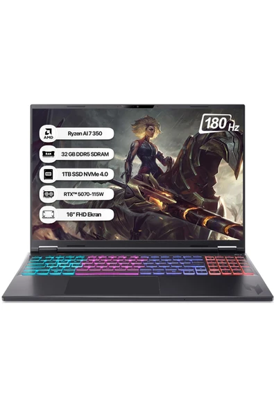 Acer Nitro 16S AI NH.QXKEY.002 R7 AI 350 32GB 1TB SSD RTX5070-8GB 16" WQXGA 180Hz Dos Taşınabilir Bilgisayar ürün görseli 1
