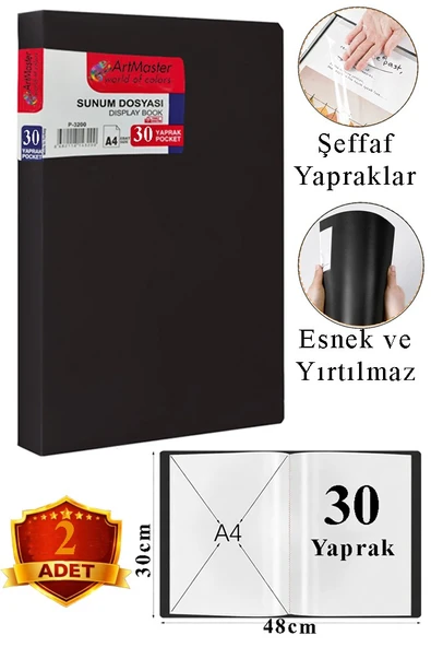 Siyah Sunum Dosyası 30 lu 2 Adet Poşet Dosyalı Katalog Dosyası 30 Poşetli Kendinden Dosya Plastik Kapaklı ürün görseli 1
