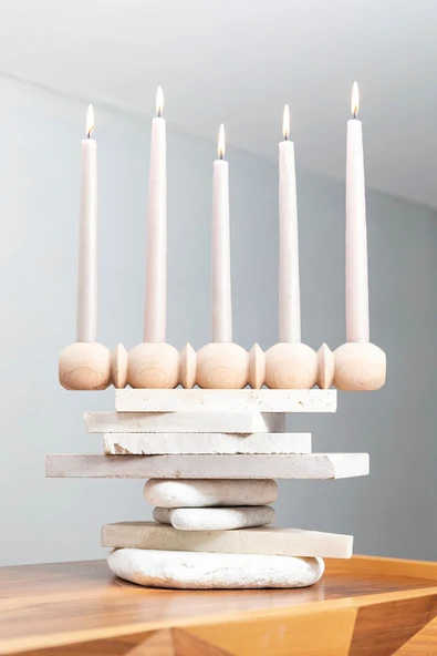Gizemli Home Naturel Wooden Ahşap 5'li Şamdan Dekoratif Şamdan ürün görseli 1