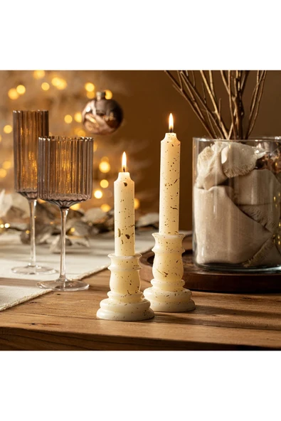 Gizemli Home Kaideli Şamdan Mumu Krem Altın Yaldız 2 li Set ürün görseli 1