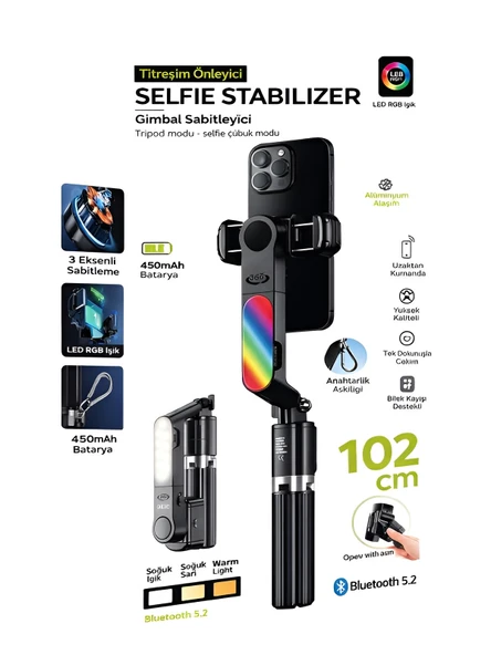 450 mAh RGB LED Işıklı 102 cm Titreşim Önleyici Gimbal Tripod Selfie Çubuğu Bluetooth Kumandalı ürün görseli 1