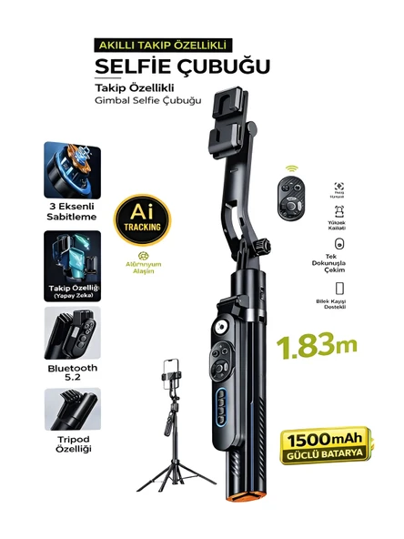 1500 mAh 183 cm Aİ Takip Özellikli Gimbal Tripod Selfie Çubuğu Bluetooth Kumandalı ürün görseli 1