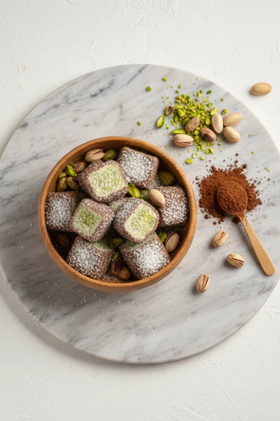 Glutensiz Hindistan Cevizli Antep Fıstıklı Kakaolu Sultan Lokumu 500 Gram ürün görseli 1