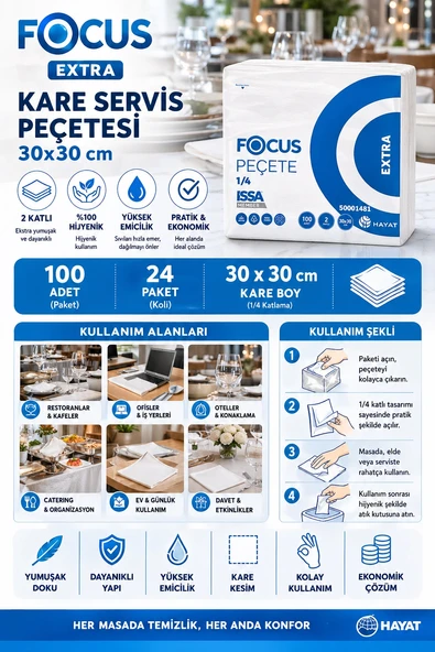 Focus Extra Kare Servis Peçetesi 30x30 cm 100'lü 24 Paket ürün görseli 1