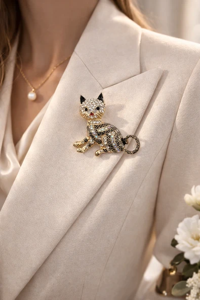 Taşlı Kedi Figürlü Gold Metal Broş – Işıltılı Desenli Tasarım ürün görseli 1