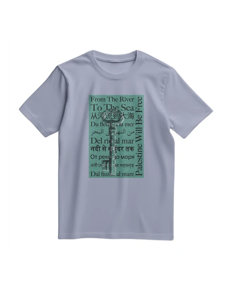 Unisex Kısa Kollu Dönüş Anahtarı ve Çok Dilli "Nehirden Denize" Sloganlı Tişört S - 2xl T300027 ürün görseli 1