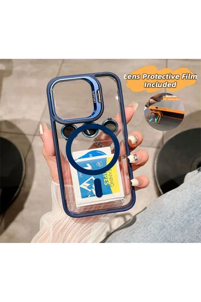 corcishop İphone 14 Kılıf Magsafe Krom Mika Kapak Renkli Silikon + Lens Koruyucu Cam Set Kamera Standlı ürün görseli 1