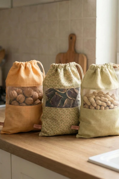 3 Adet Bakliyat Kesesi Büyük Boy 24x34 Erzak Kuru Gıda Saklama Kabı Torbası Fileli Bez Bohem-Set 104 ürün görseli 1