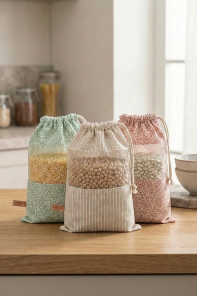 3 Adet Bakliyat Kesesi Orta Boy 20x28 Erzak Kuru Gıda Saklama Kabı Torbası Fileli Bez Soft-Set 101 ürün görseli 1