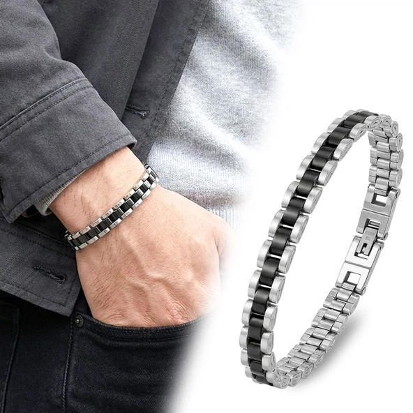 ? Premium Siyah - Gümüş Renk Çelik Bileklik 31831G1D5M ürün görseli 1