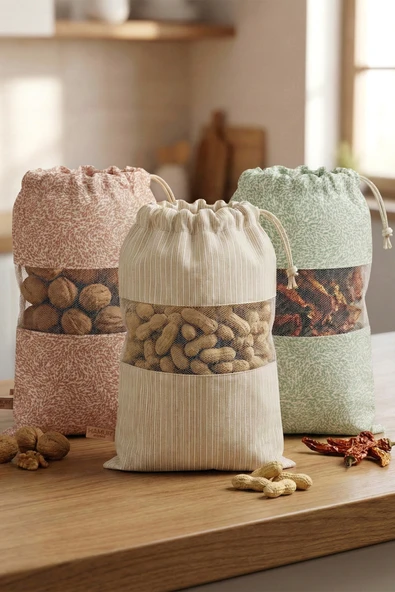 3 Adet Bakliyat Kesesi Büyük Boy 24x34 Erzak Kuru Gıda Saklama Kabı Torbası Fileli Bez Soft-Set 101 ürün görseli 1