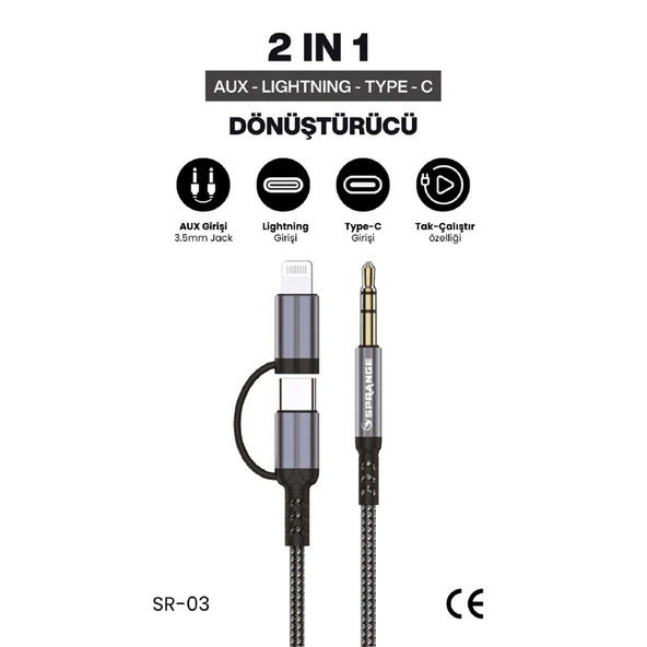 Sprange SR-03 2 in1 TYPE-C / Lightning  3.5 Mm Aux Kablosu ürün görseli 1