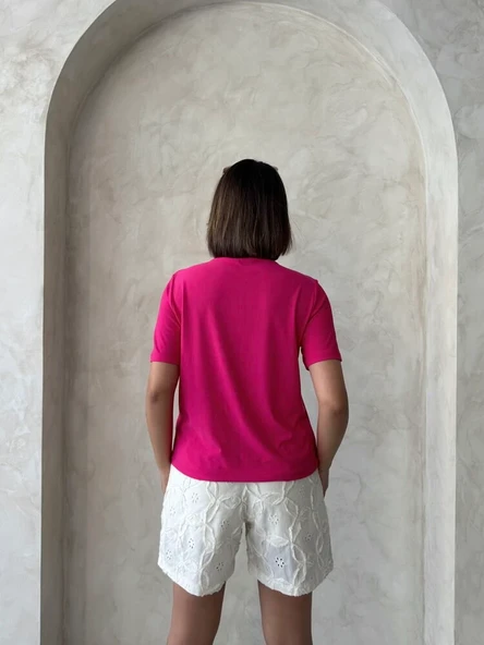 Kadın Cep Detaylı Dantel Aplikeli Basic T-Shirt - Resim 9