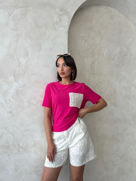 Kadın Cep Detaylı Dantel Aplikeli Basic T-Shirt - Resim 5