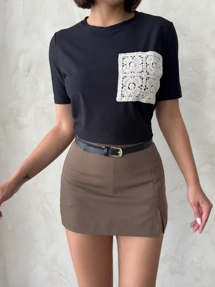 Kadın Cep Detaylı Dantel Aplikeli Basic T-Shirt - Resim 11