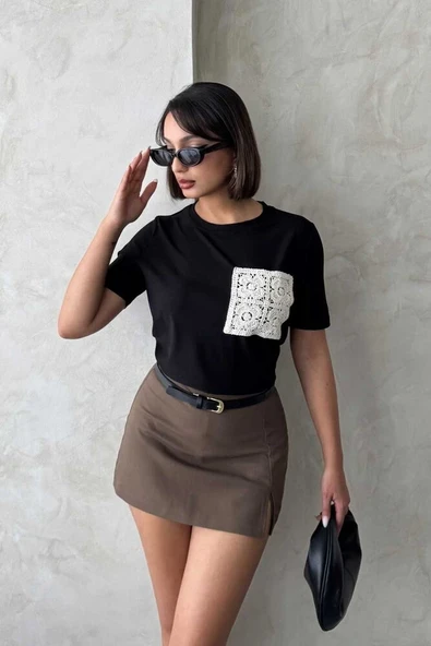 Kadın Cep Detaylı Dantel Aplikeli Basic T-Shirt - Resim 10