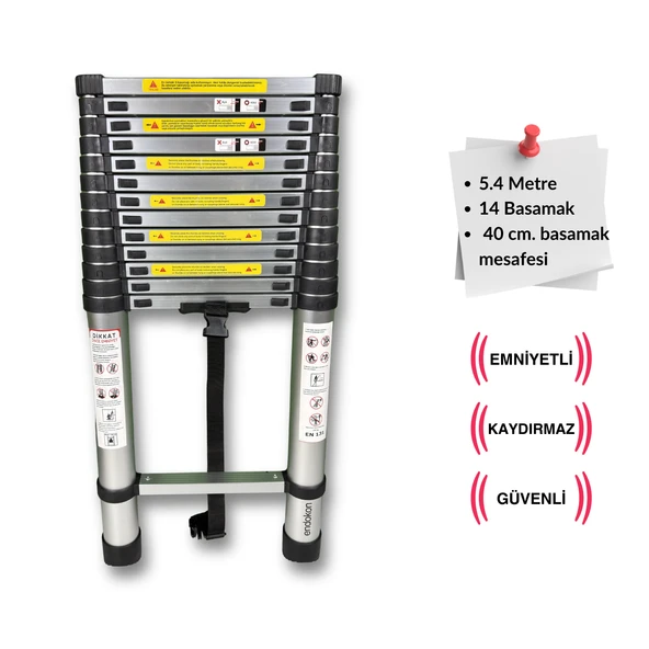 Endokon 540 cm. - 14 Basamaklı Teleskopik Alüminyum Merdiven - I Tipi Uzayan Merdiven ürün görseli 1