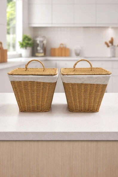 2’li Set Kapaklı Rattan Sepet - Rattan Hasır Patates Soğan Sepeti,Kiler,Dolap,Mutfak Düzenleyici ürün görseli 1
